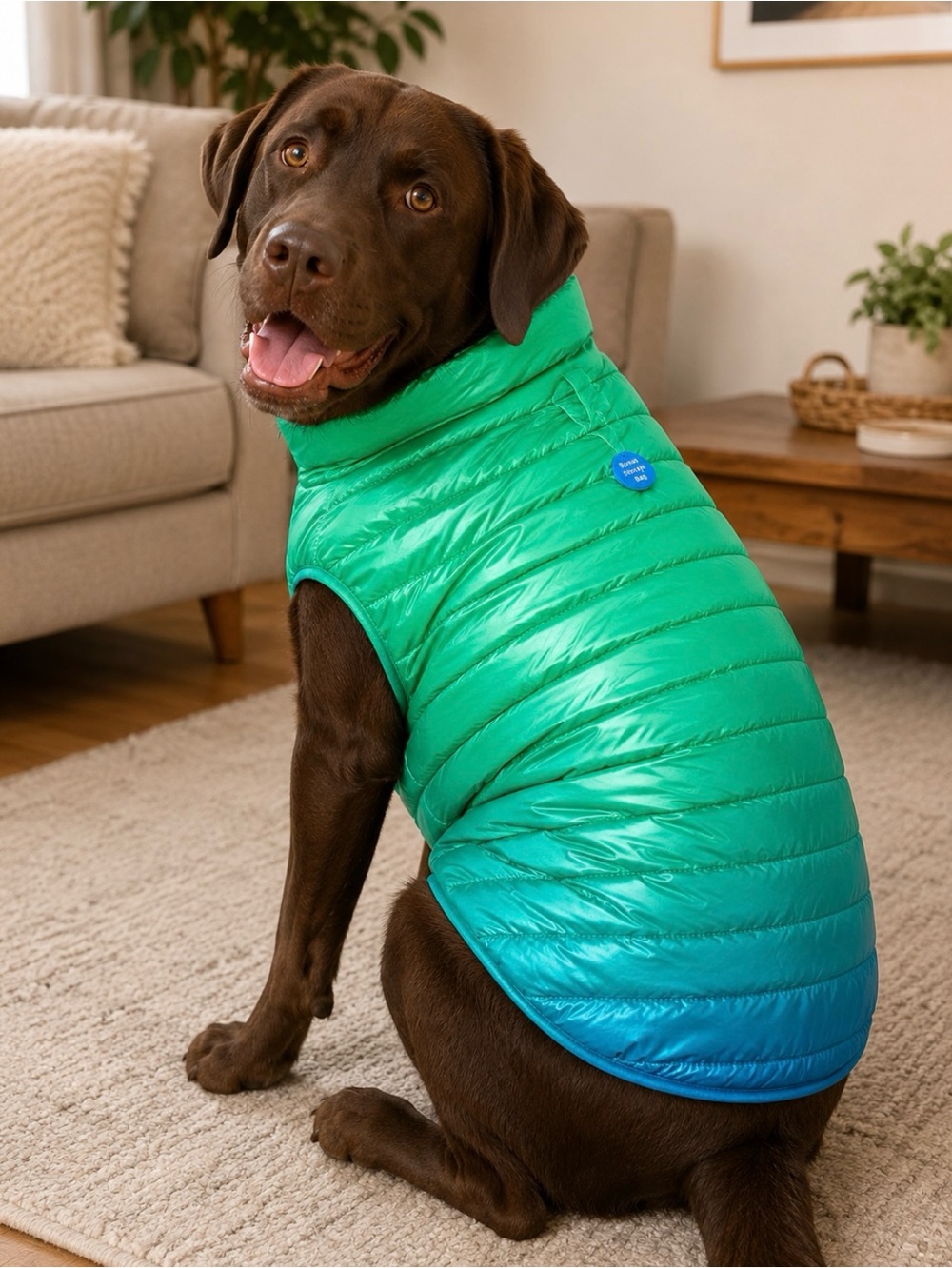 Dog Puffer Jacket Green Blue Ombre  Packable with Bag